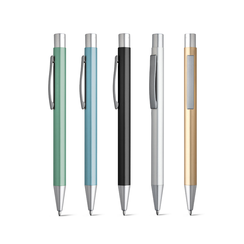 Esferográfica em alumínio com acabamento mate e escrita em preto